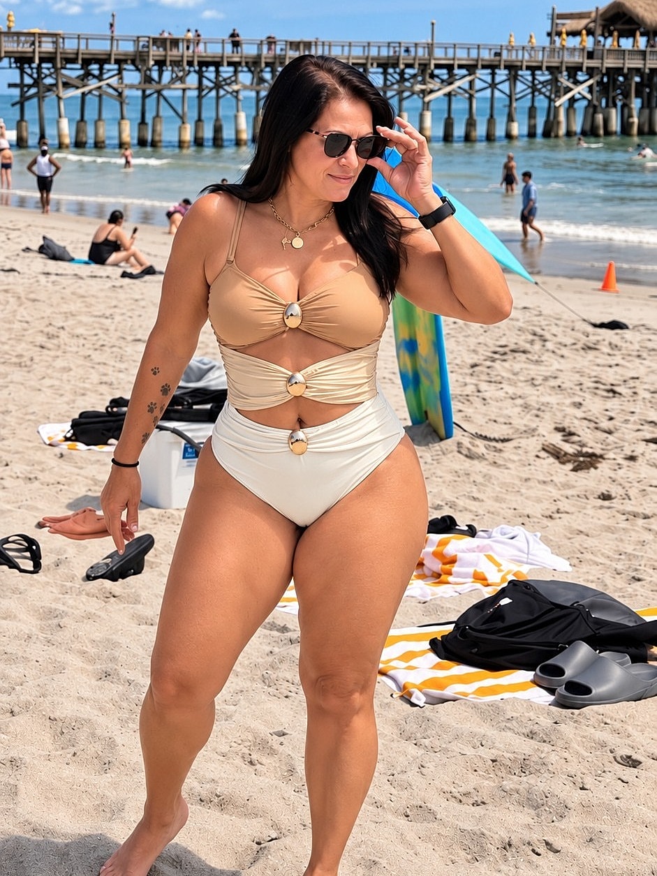 Woman in stylish swimsuit at the beach.