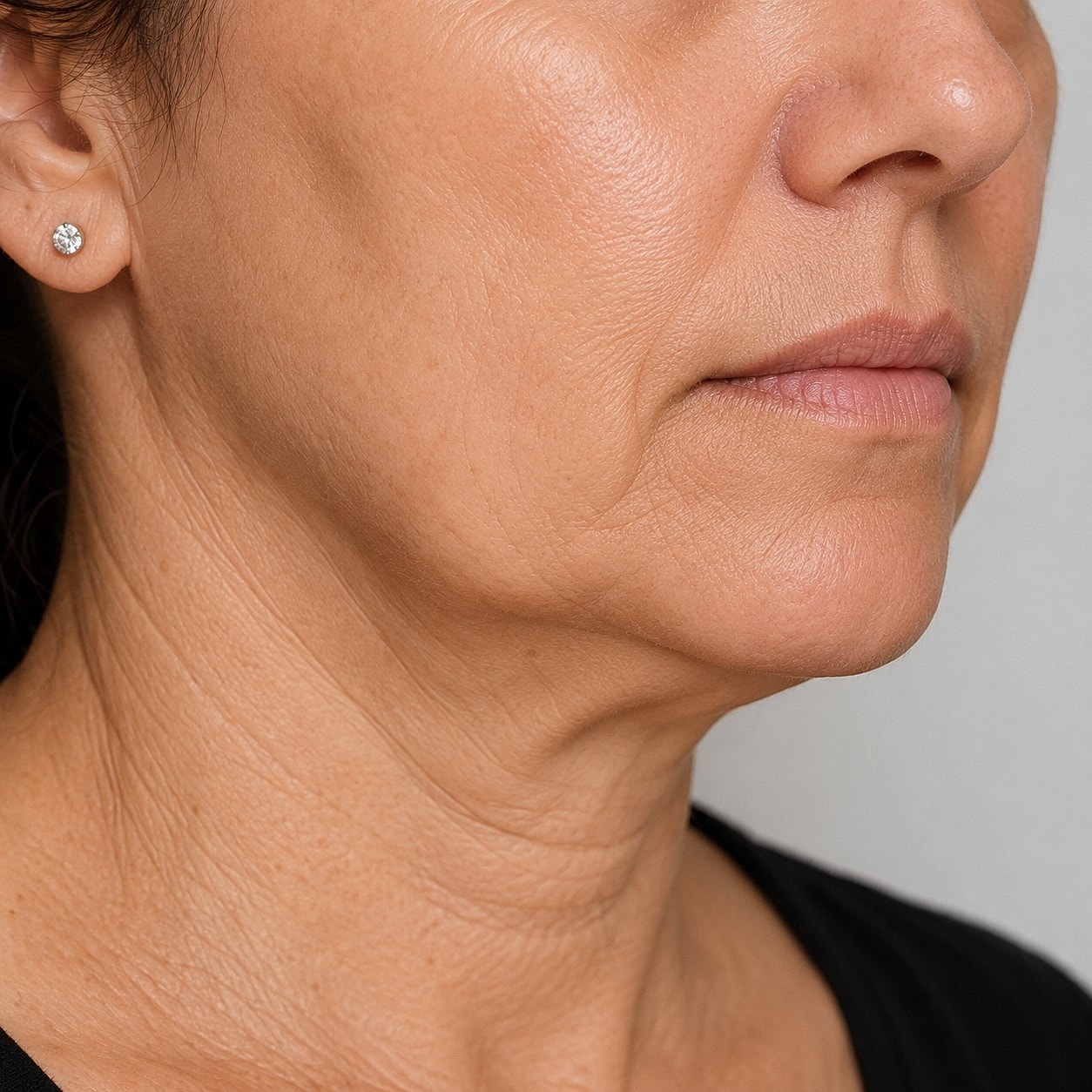 Profile view of a woman's face and neck.