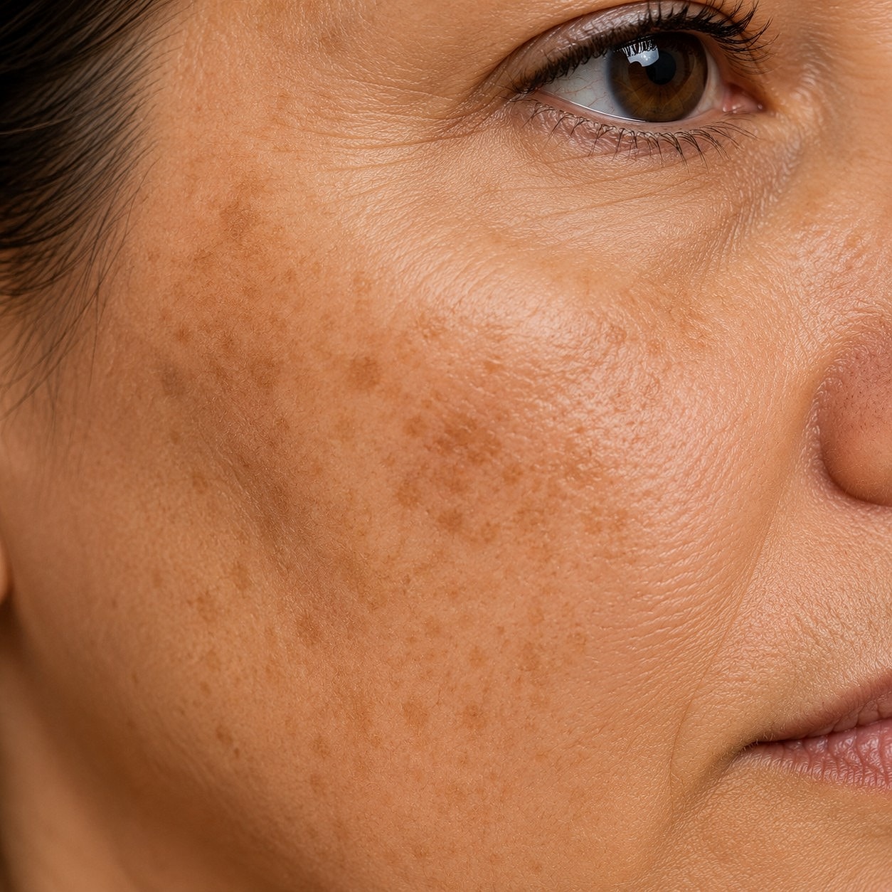 Close-up of skin with freckles and texture.