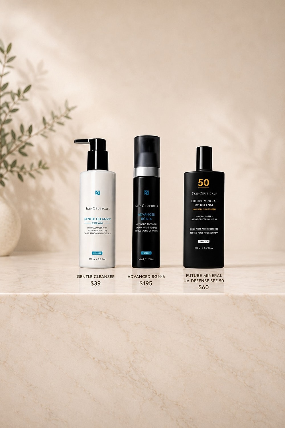 SkinCeuticals skincare products on marble surface.