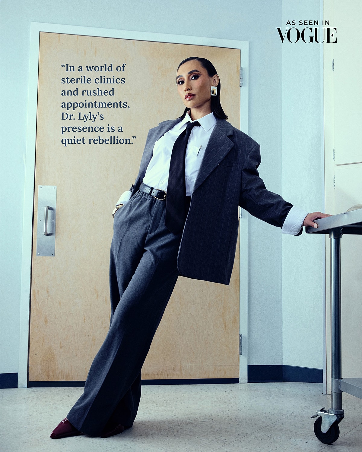 Fashionable doctor posing confidently in stylish attire.