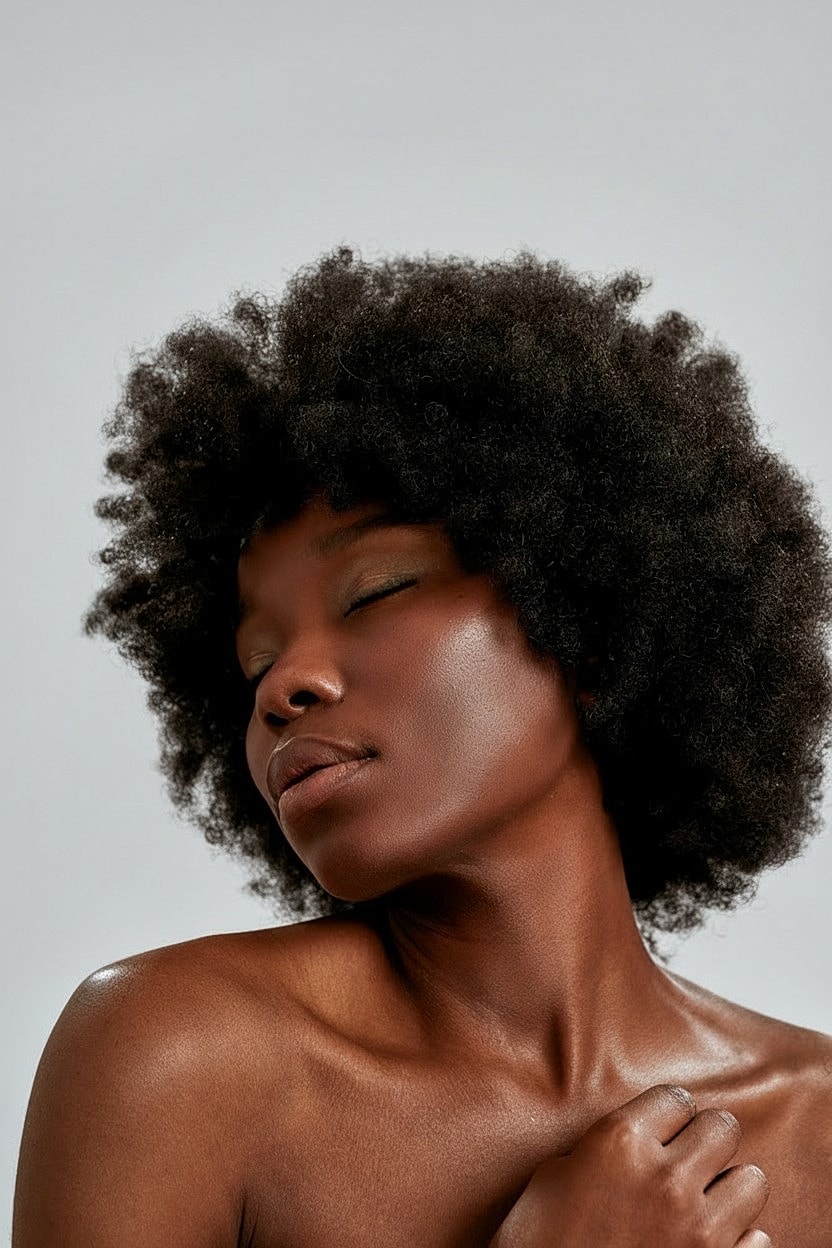 Woman with curly hair showing natural beauty.